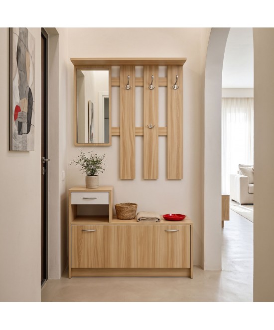 Έπιπλο εισόδου Jentia pakoworld  με καθρέπτη sonoma με λευκό MDF 100x24x186εκ