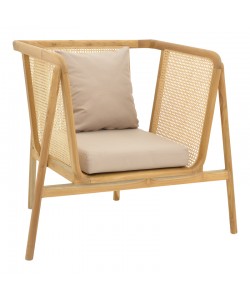 Πολυθρόνα Jenta pakoworld teak ξύλο με rattan σε φυσική απόχρωση και μπεζ μαξιλάρι 72x67x92εκ