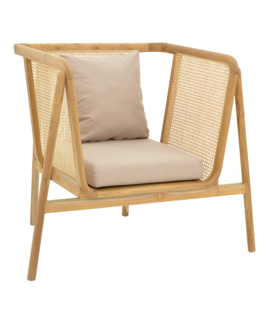 Πολυθρόνα Jenta pakoworld teak ξύλο με rattan σε φυσική απόχρωση και μπεζ μαξιλάρι 72x67x92εκ Πολυθρόνα Jenta pakoworld teak ξύλο με rattan σε φυσική απόχρωση και μπεζ μαξιλάρι 72x67x92εκ