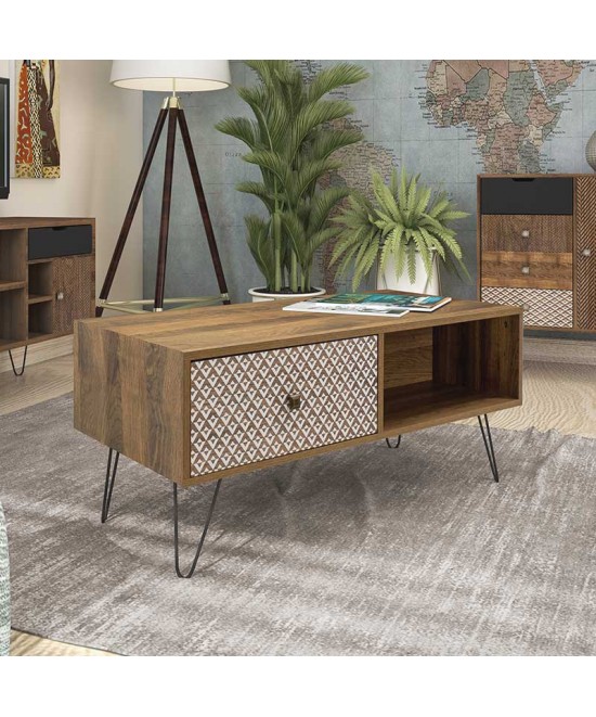 Τραπέζι σαλονιού Boho pakoworld καρυδί με μεταλλικά πόδια 100x50x46εκ Τραπέζι σαλονιού Boho pakoworld καρυδί με μεταλλικά πόδια 100x50x46εκ