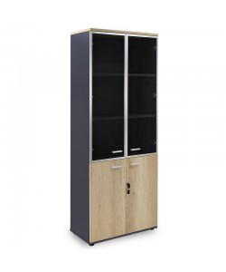 Ντουλάπα γραφείου με γυάλινες πόρτες Lotus pakoworld χρώμα φυσικό - ανθρακί 80x40x200εκ