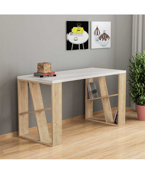 Γραφείο Honey pakoworld χρώμα λευκό - light oak 140x60x75εκ