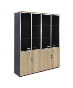 Nτουλάπα γραφείου τετράφυλλη με 2 γυάλινες πόρτες Lotus pakoworld χρώμα φυσικό-ανθρακί 160x40,5x200εκ