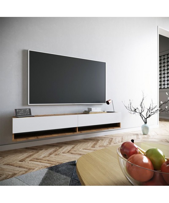 Έπιπλο τηλεόρασης επιτοίχιο Handra pakoworld λευκό-oak 180x31,5x29,5εκ