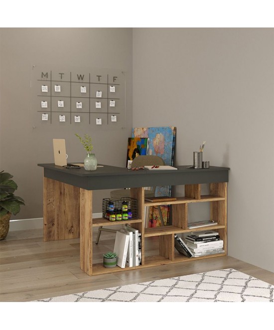Γραφείο γωνιακό Rosaline pakoworld ανθρακί-oak 120x129x72εκ