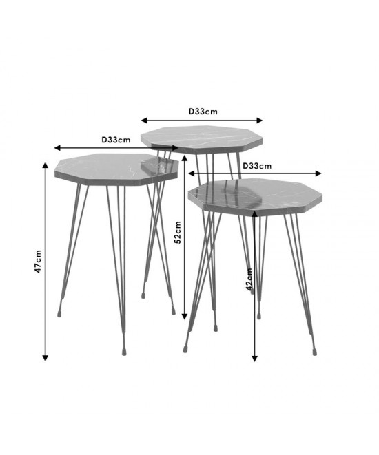 Βοηθητικά τραπέζια σαλονιού Buena pakoworld σετ 3τεμ μαύρο μαρμάρου-μαύρο