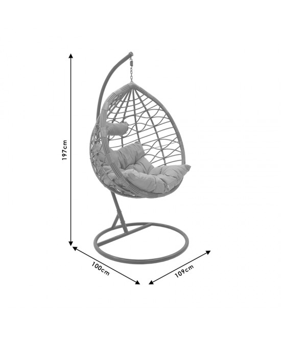 Κούνια Hudson pakoworld κρεμαστή μέταλλο-pp-μαξιλάρι γκρι 109x119x195εκ