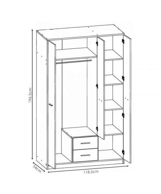 Ντουλάπα ρούχων Serenity pakoworld τρίφυλλη sonoma-λευκό 118.5x54x196.5εκ