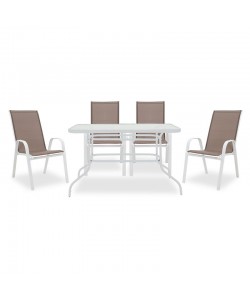 Τραπεζαρία Valor-Calan I σετ 5τεμ pakoworld μέταλλο λευκό-καφέ textilene 120x70x70εκ