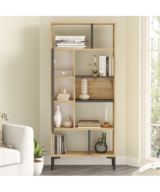 Βιβλιοθήκη Neville pakoworld φυσικό-ανθρακί 72x25x163.3εκ Βιβλιοθήκη Neville pakoworld φυσικό-ανθρακί 72x25x163.3εκ