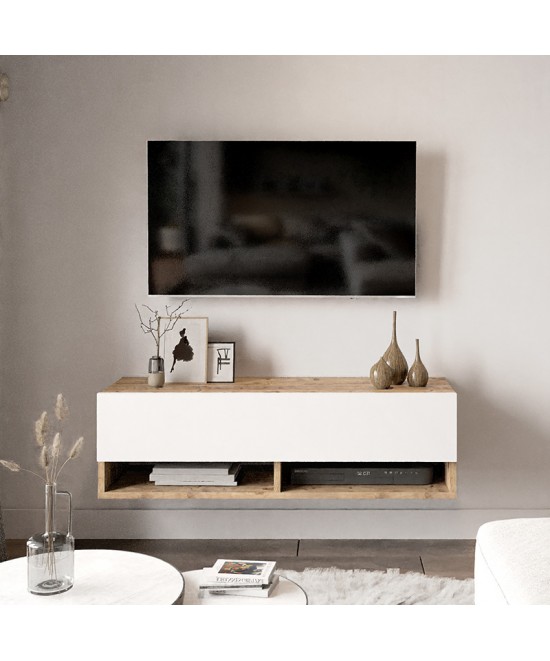 Έπιπλο τηλεόρασης επιτοίχιο Roscoe pakoworld λευκό-oak 100x31.5x29.5εκ