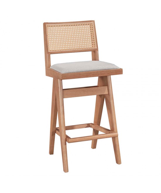 Σκαμπό bar Winslow pakoworld ξύλο rubberwood ανοικτό καρυδί-pvc rattan φυσικό-ύφασμα γκρι 44.5x46x98εκ