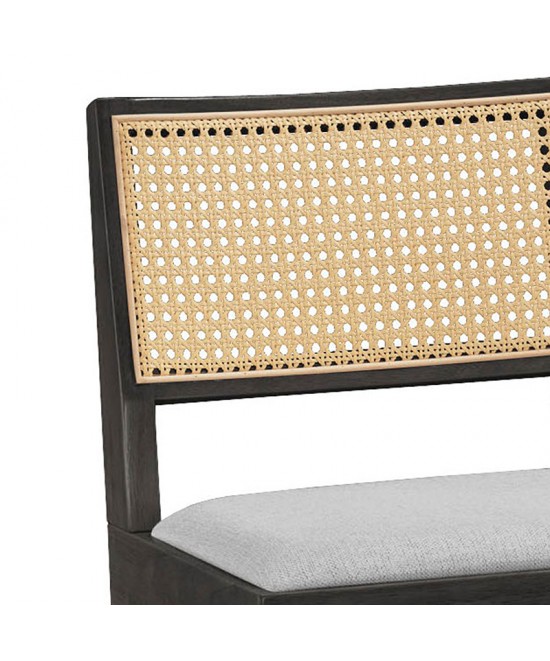 Σκαμπό bar Winslow pakoworld ξύλο rubberwood μαύρο-pvc rattan φυσικό-ύφασμα γκρι 44.5x46x98εκ