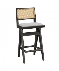 Σκαμπό bar Winslow pakoworld ξύλο rubberwood μαύρο-pvc rattan φυσικό-ύφασμα γκρι 44.5x46x98εκ