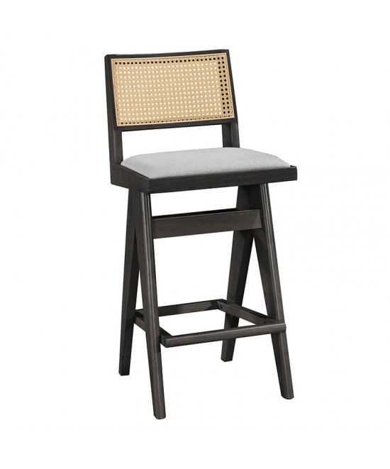 Σκαμπό bar Winslow pakoworld ξύλο rubberwood μαύρο-pvc rattan φυσικό-ύφασμα γκρι 44.5x46x98εκ