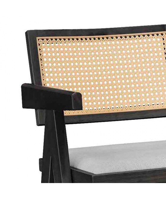 Σκαμπό bar Winslow pakoworld ξύλο rubberwood μαύρο-pvc rattan φυσικό-ύφασμα γκρι