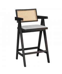 Σκαμπό bar Winslow pakoworld ξύλο rubberwood μαύρο-pvc rattan φυσικό-ύφασμα γκρι