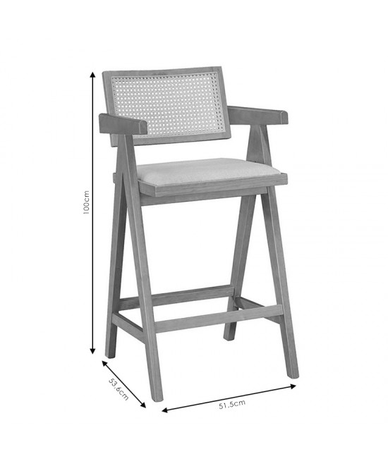Σκαμπό bar Winslow pakoworld ξύλο rubberwood μαύρο-pvc rattan φυσικό-ύφασμα γκρι