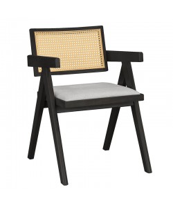 Πολυθρόνα Winslow pakoworld ξύλο rubberwood μαύρο-pvc rattan φυσικό-ύφασμα γκρι