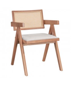 Πολυθρόνα Winslow pakoworld ξύλο rubberwood ανοικτό καρυδί-pvc rattan φυσικό-ύφασμα γκρι