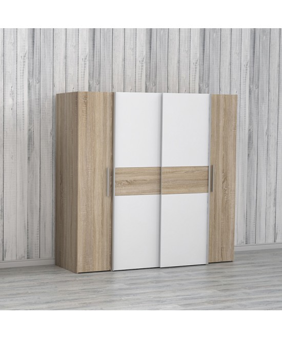 Ντουλάπα ρούχων Closet pakoworld τετράφυλλη sonoma oak-λευκό μελαμίνης 200x61.5x190.5εκ