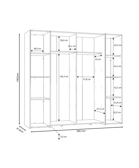Ντουλάπα ρούχων Closet pakoworld τετράφυλλη sonoma oak-λευκό μελαμίνης 200x61.5x190.5εκ