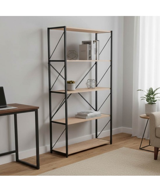 Βιβλιοθήκη Tikilmo pakoworld oak μελαμίνης-μαύρο μέταλλο 88x34x180εκ