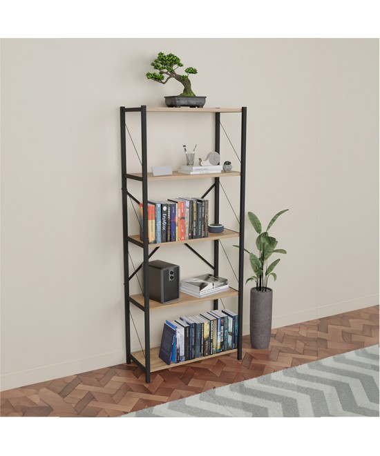 Βιβλιοθήκη Draizy pakoworld oak μελαμίνης-μαύρο μέταλλο 60x30x150εκ