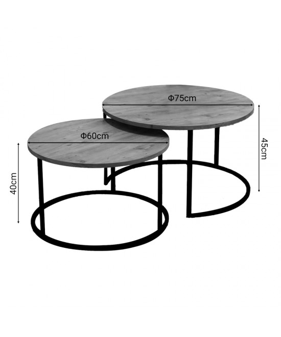 Τραπέζια σαλονιού Solme pakoworld σετ 2τεμ φυσικό μελαμίνης-μαύρο μέταλλο