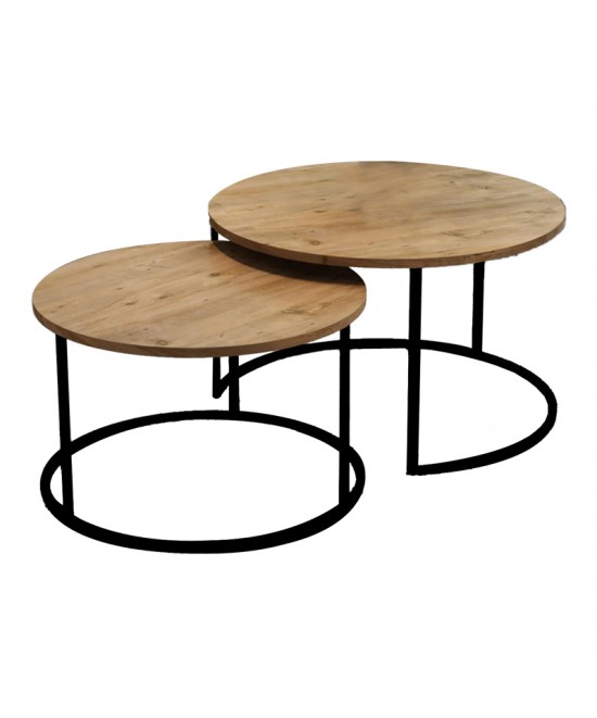 Τραπέζια σαλονιού Solme pakoworld σετ 2τεμ φυσικό μελαμίνης-μαύρο μέταλλο