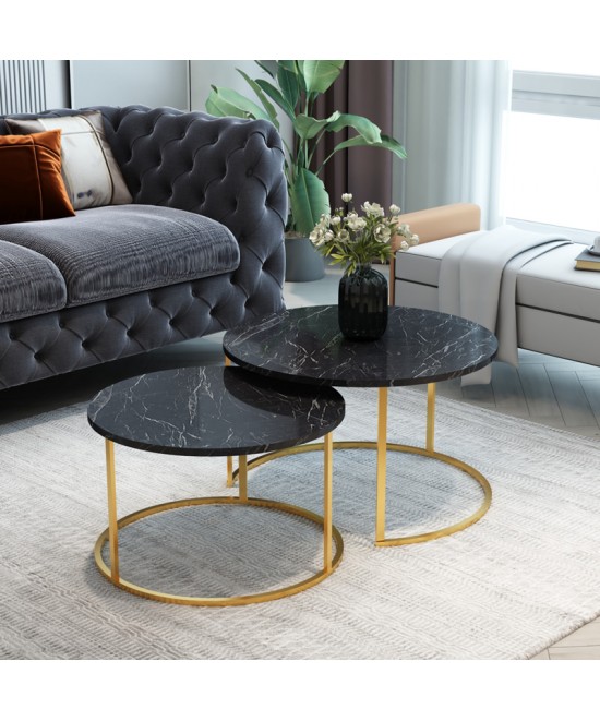 Τραπέζια σαλονιού Solme pakoworld σετ 2τεμ μαύρο μάρμαρου μελαμίνης-χρυσό μέταλλο