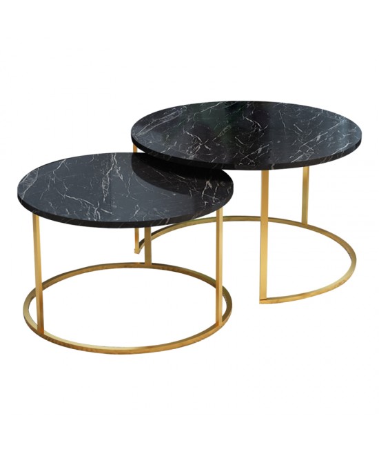 Τραπέζια σαλονιού Solme pakoworld σετ 2τεμ μαύρο μάρμαρου μελαμίνης-χρυσό μέταλλο