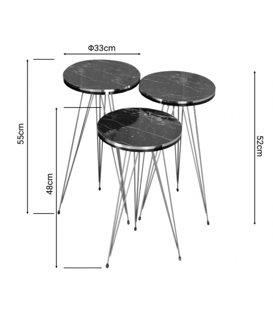 Βοηθητικά τραπέζια Wakmi pakoworld σετ 3τεμ μαύρο μαρμάρου μελαμίνης-χρυσό μέταλλο
