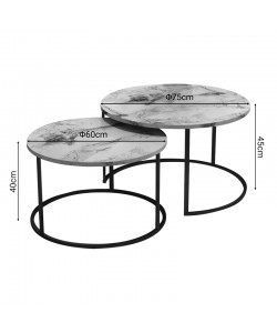 Τραπέζια σαλονιού Solme pakoworld σετ 2τεμ λευκό μαρμάρου μελαμίνης-μαύρο μέταλλο