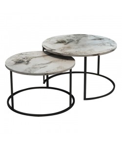 Τραπέζια σαλονιού Solme pakoworld σετ 2τεμ λευκό μαρμάρου μελαμίνης-μαύρο μέταλλο