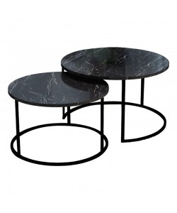 Τραπέζια σαλονιού Solme pakoworld σετ 2τεμ μαύρο μαρμάρου μελαμίνης-μαύρο μέταλλο