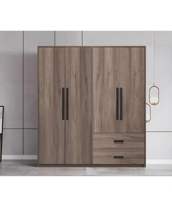 Ντουλάπα ρούχων Edritte pakoworld τετράφυλλη με συρτάρια ανοιχτό καρυδί 160x52x195εκ