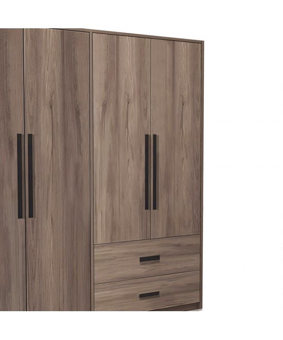 Ντουλάπα ρούχων Edritte pakoworld τετράφυλλη με συρτάρια ανοιχτό καρυδί 160x52x195εκ