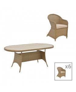 Tραπεζαρία Hadrian-Keir pakoworld σετ 7τεμ καφέ rattan-μπεζ textilene-καφέ αλουμίνιο 180x90x72εκ