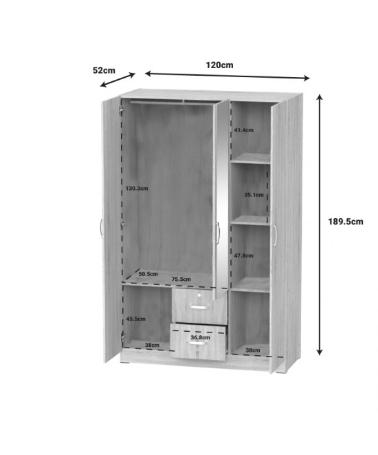 Ντουλάπα ρούχων τρίφυλλη Dillion pakoworld sonoma μελαμίνης 120x52x190εκ