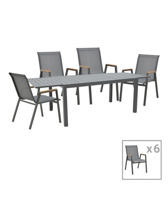 Τραπεζαρία Azelie-Lafla pakoworld σετ 7τεμ ανθρακί ύφασμα-ανθρακί αλουμίνιο 77x55x94εκ