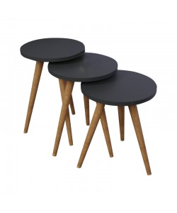 Βοηθητικά τραπέζια Perjene pakoworld σετ 3τεμ μελαμίνη σε ανθρακί απόχρωση και ξύλινα πόδια