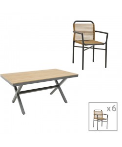 Τραπεζαρία Clutch -Thorio σετ 7τεμ pakoworld ανθρακί αλουμίνιο και plywood σε φυσική απόχρωση 160x90x75εκ