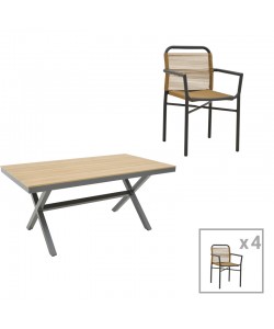 Τραπεζαρία Clutch -Thorio σετ 5τεμ pakoworld ανθρακί αλουμίνιο και plywood σε φυσική απόχρωση 160x90x75εκ