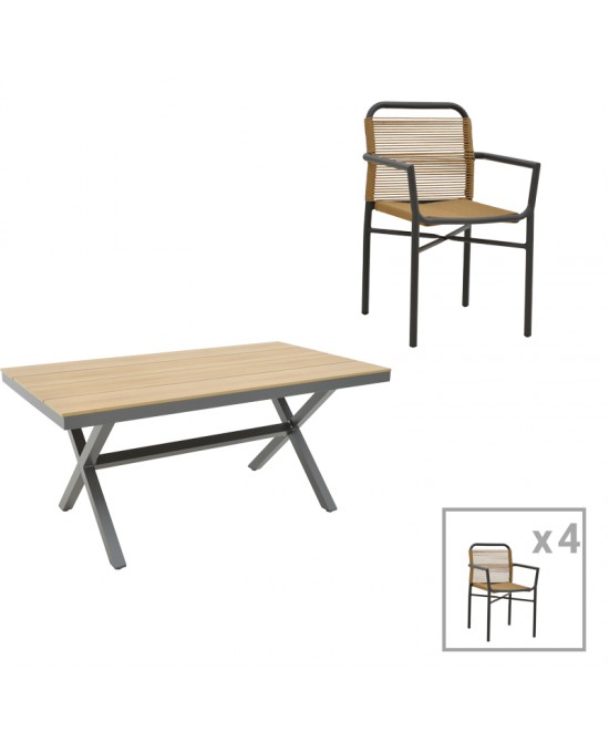 Τραπεζαρία Clutch -Thorio σετ 5τεμ pakoworld ανθρακί αλουμίνιο και plywood σε φυσική απόχρωση 160x90x75εκ