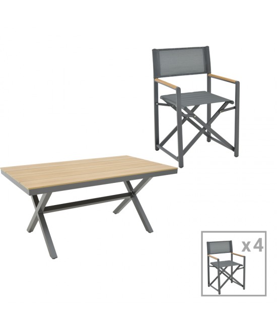 Τραπεζαρία Mabu-Thorio σετ 5τεμ pakoworld ανθρακί αλουμίνιο και plywood σε φυσική απόχρωση 160x90x75εκ