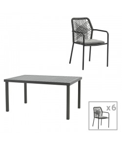 Τραπεζαρία Kherson-Kliton A σετ 7τεμ pakoworld αλουμινίου και σχοινί σε ανθρακί απόχρωση 150x80x74εκ