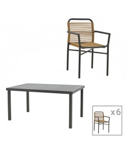 Τραπεζαρία Clutch -Kliton B σετ 7τεμ pakoworld ανθρακί αλουμίνιο και pe rattan σε φυσική απόχρωση150x80x74εκ