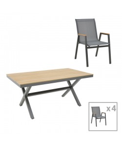 Τραπεζαρία Thorio-Azelie σετ 5τεμ pakoworld ανθρακί αλουμίνιο και plywood σε φυσική απόχρωση 160x90x75εκ