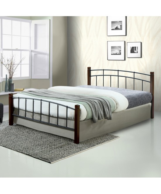 Κρεβάτι διπλό Mandy pakoworld ξύλο σε καρυδί απόχρωση-μαύρο μέταλλο 150x190εκ